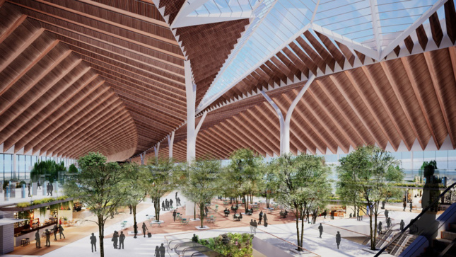 Rendering of airport interior with wooden ribbed ceilings and trees