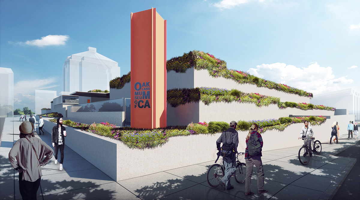 Rendering of plants overflowing on terraces with OMC sign