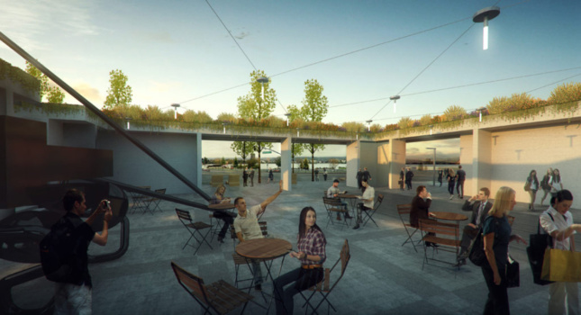 Rendering of people sitting at tables looking at art on terrace