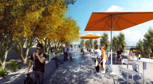 Rendering of people walking on pathway with colorful trees and shading umbrellas
