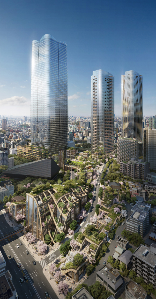 Aerial rendering of three towers with landscape village at base