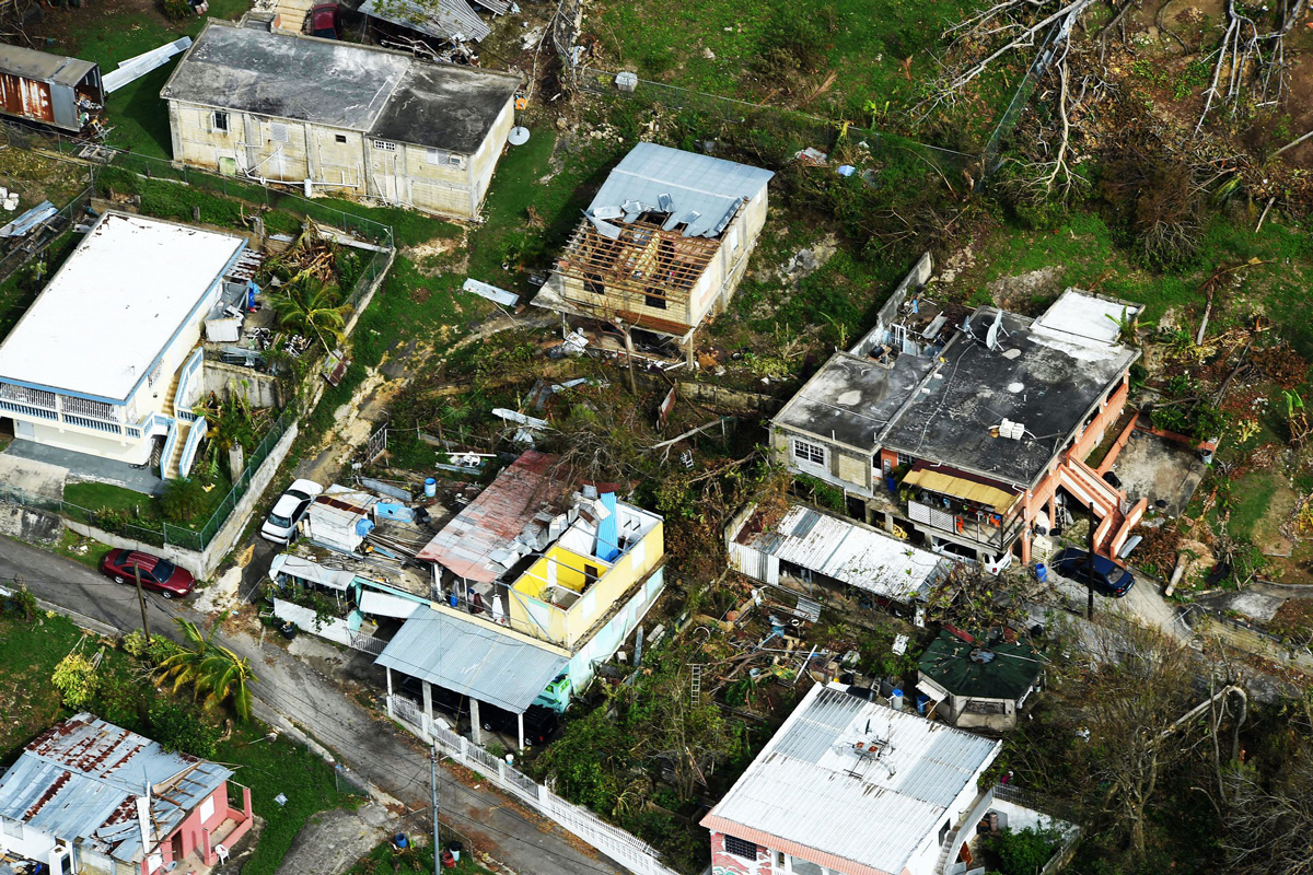 Aerial view of destroyed houses in Puerto Rico after Hurricane Maria