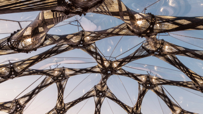 Looking up at structural supports in a geodesic dome