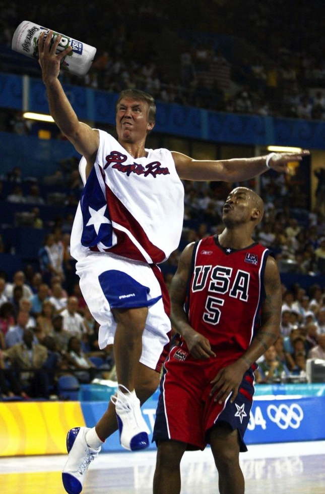 Image of USA vs PR basketball players with Trump's face overlayed on PR player