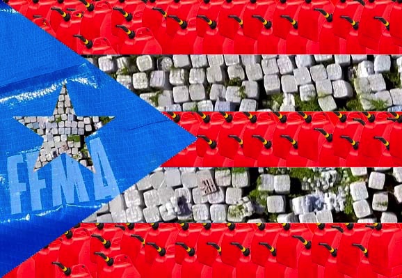 Photomontage of Puerto Rican flag overlayed atop hurricane recovery packages