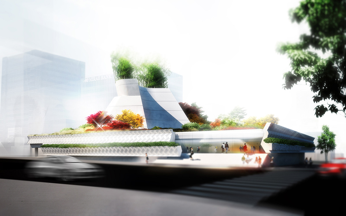 Rendering of elongated concrete building with abstract top and plants all over it for the new Korean American National Museum