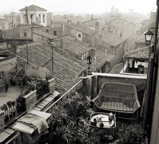 Black and white photo of rooftops in Rome, from the show and book "Rome and the Teacher"
