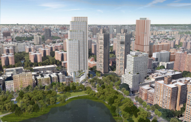 Aerial view of tower on Central Park North surrounded by trees and lake, part of the La Hermosa development