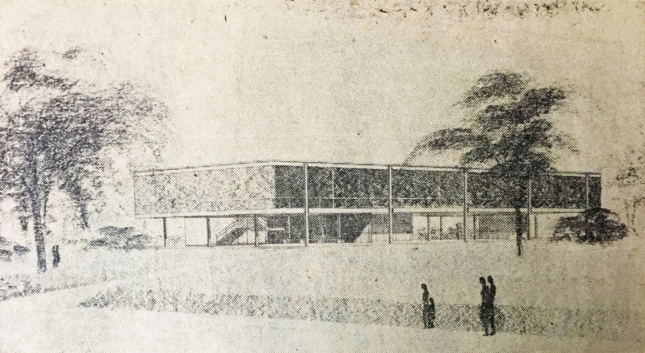 Old sketch of low-hanging academic building 