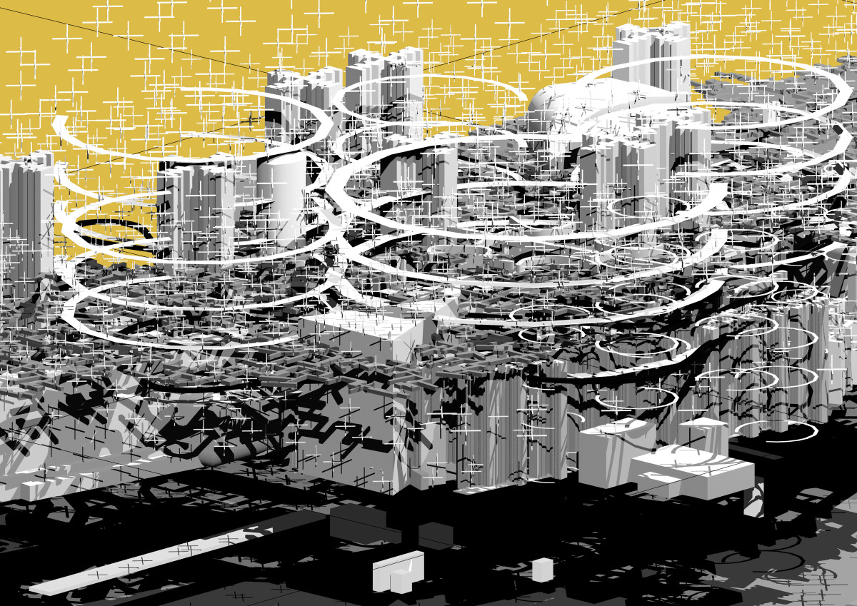 Drawing of a radical city in black and white surrounded by rings