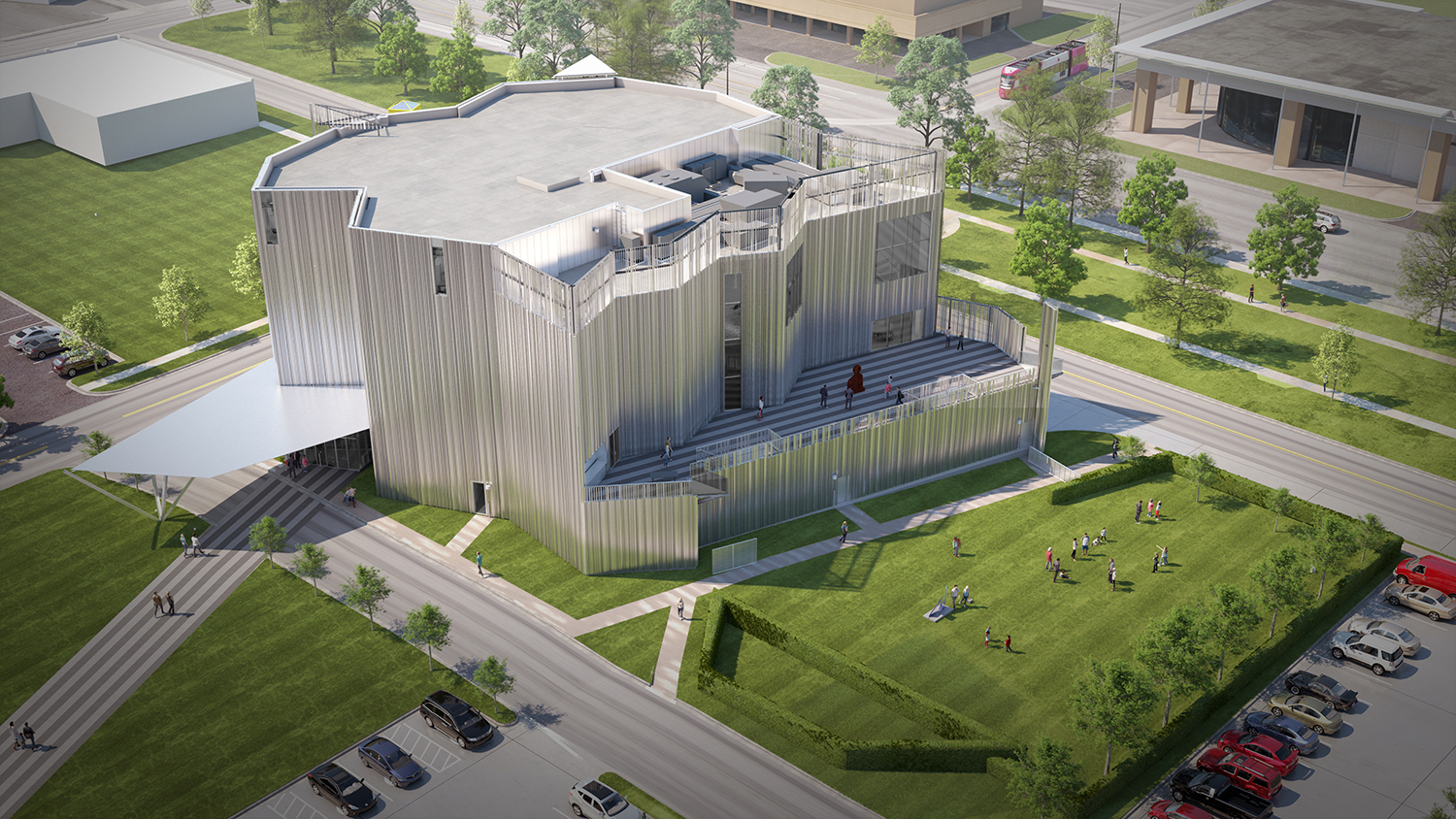 Rendering of a craggy building clad in metal panels, the new Oklahoma Contemporary Center for the Arts