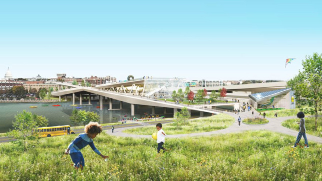 Rendering of children playing in grassy field next to elevated park