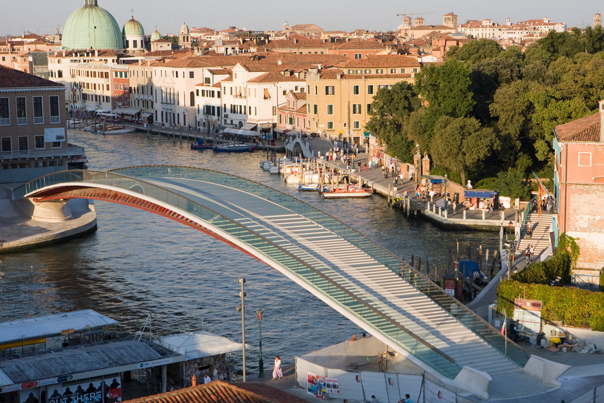 Aerial Image of glass walking bridge, the Ponte della Costituzione, over Venice Canal