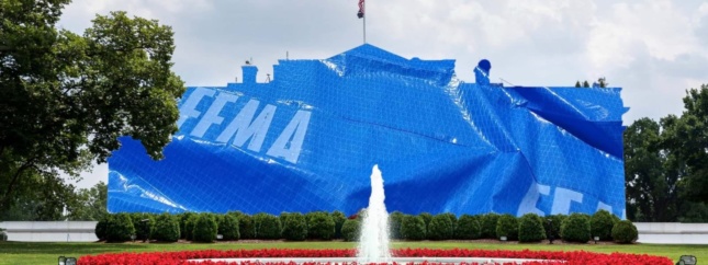Photomontage of Capitol building in San Juan, Puerto Rico covered in FEMA tarp