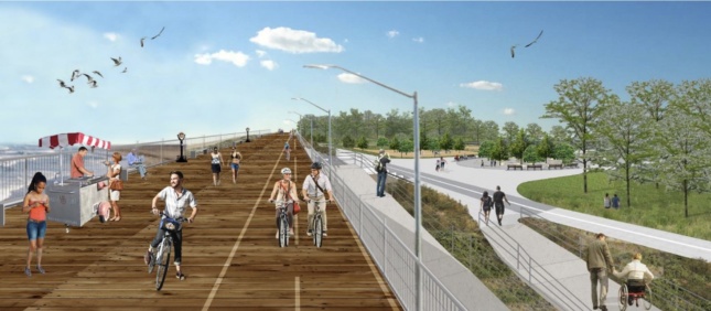 Rendering of a seawall with people bike riding on top