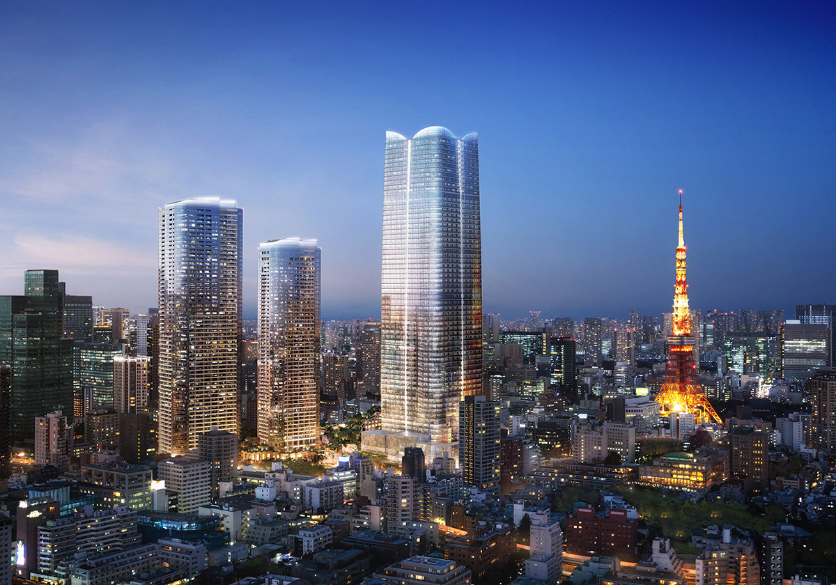 Skyline of Tokyo with upcoming glass tower