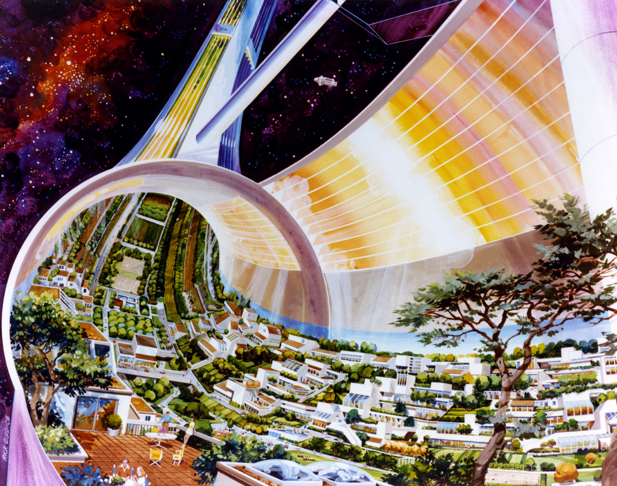 Interior painting of a toroidal space settlement with different buildings stacked on each other