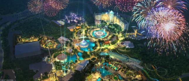 aerial view of theme park with pool and fireworks exploding over the Universal’s Epic Universe park