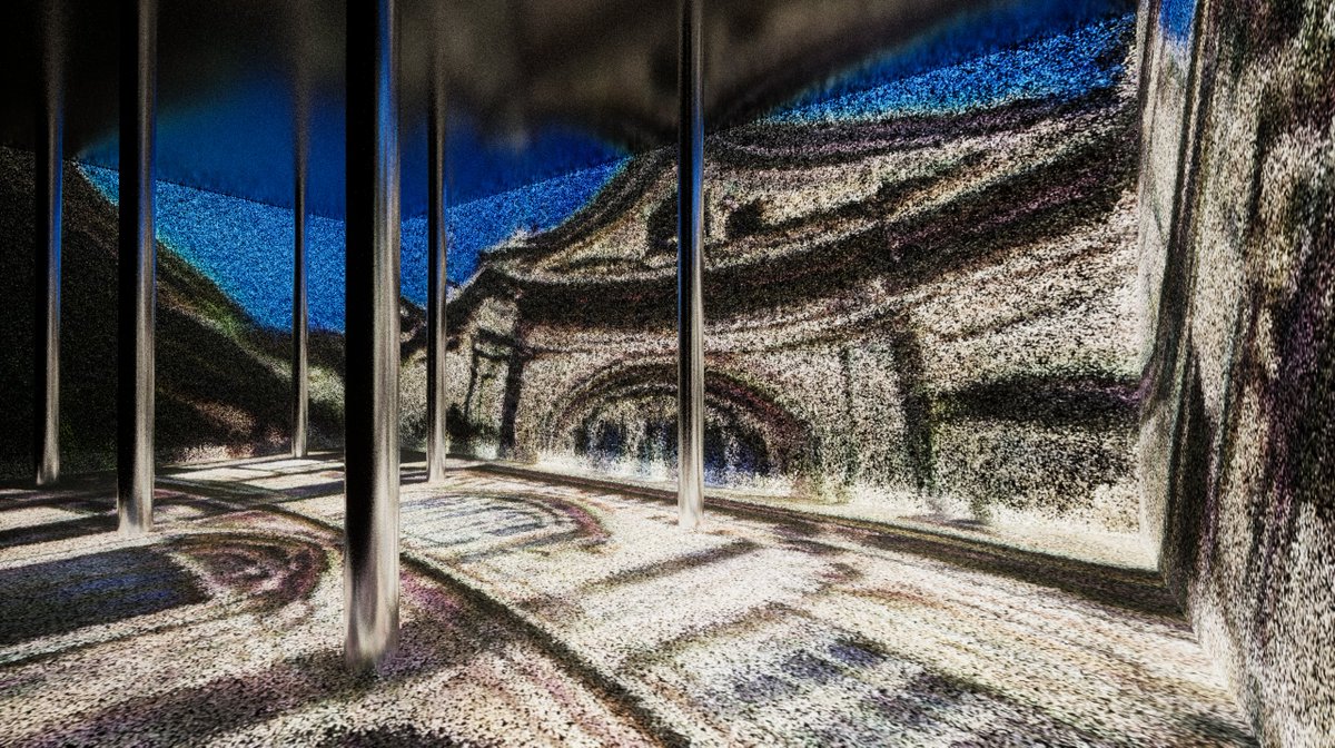 A rendering of an impressionistic image of buildings on all surfaces of a room with thin columns, created by ARTECHOUSE.
