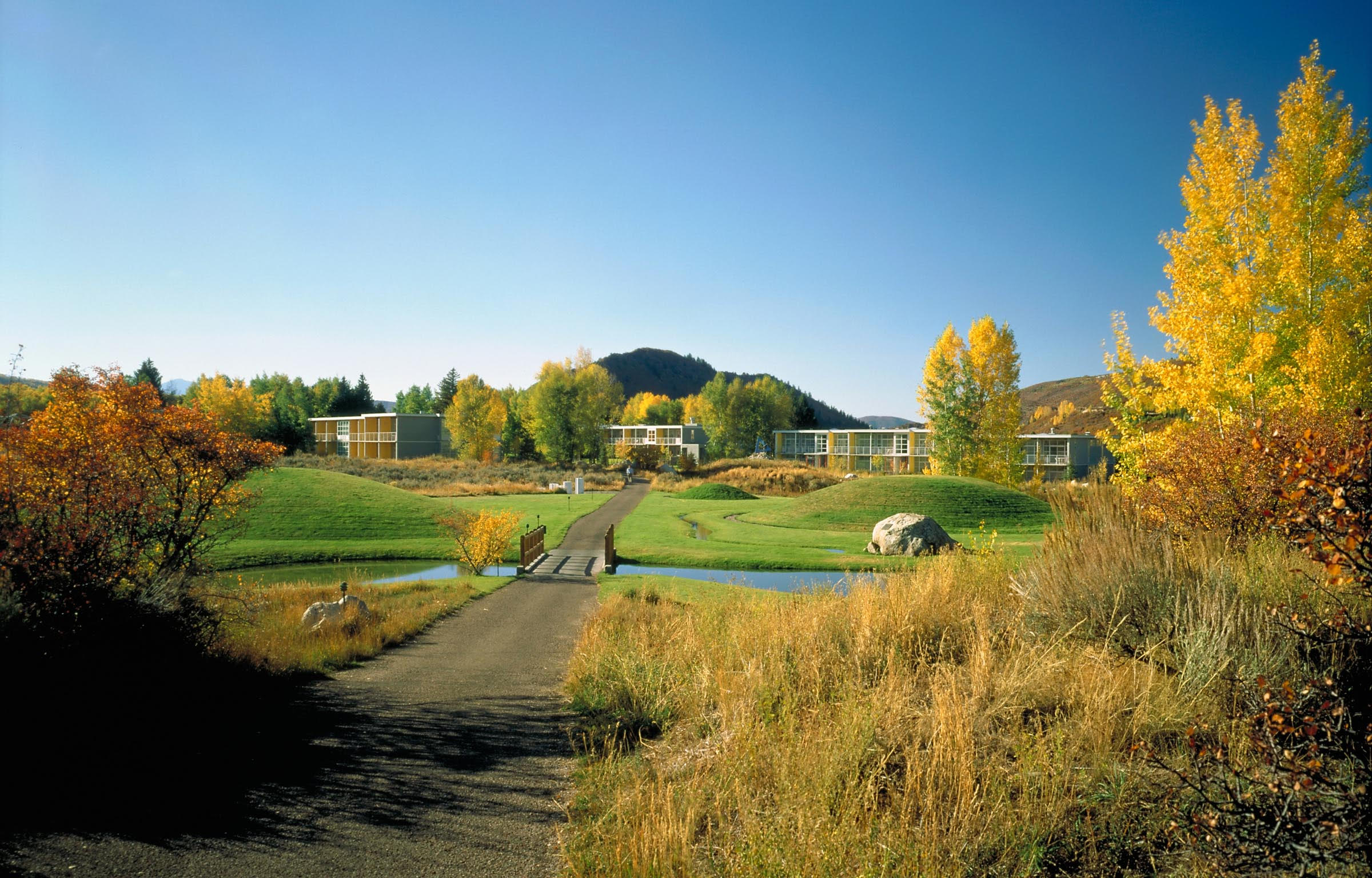 Photo of rolling hills in the summer, with the boxy buildings of the Aspen Institute