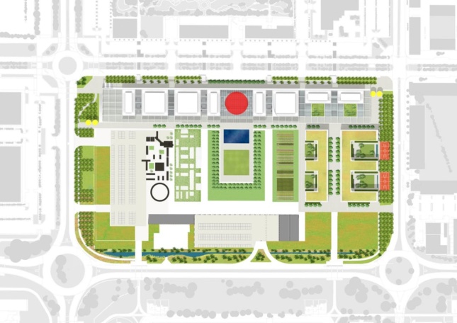 An aerial site plan of a college campus