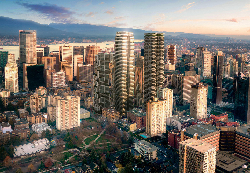Rendering of an undulating, copper-clad tower in Vancouver, which would be built to passive house standards