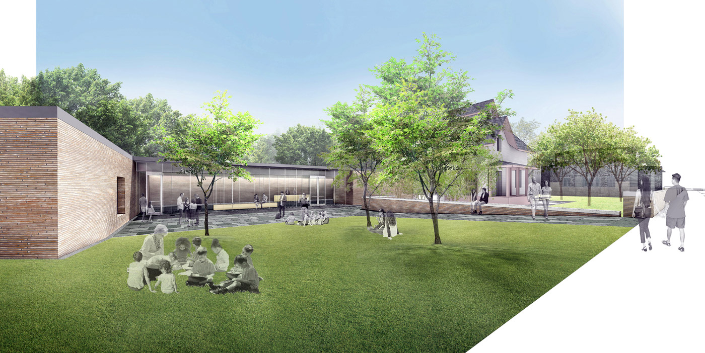 Rendering of a lawn leading from a squat, brick building to an older house as part of the Frank Lloyd Wright campus