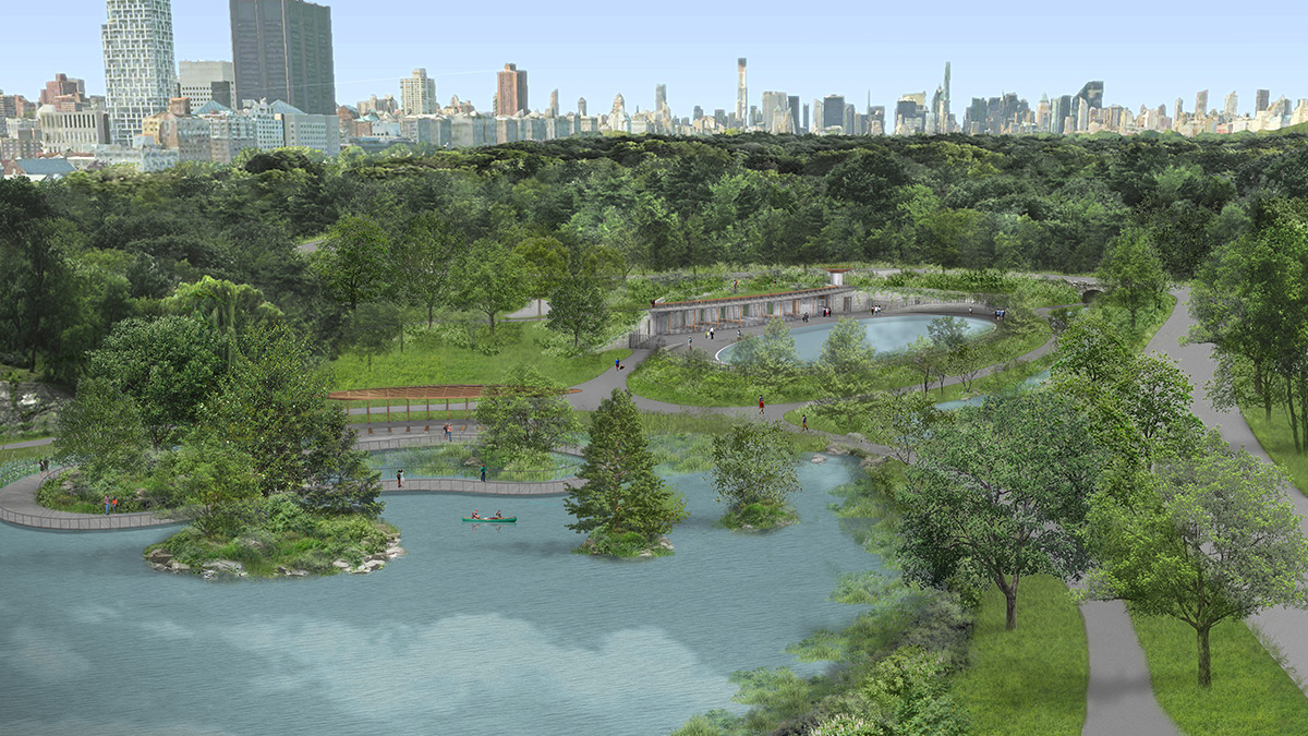 Aerial rendering of Central Park landscape with large ponds