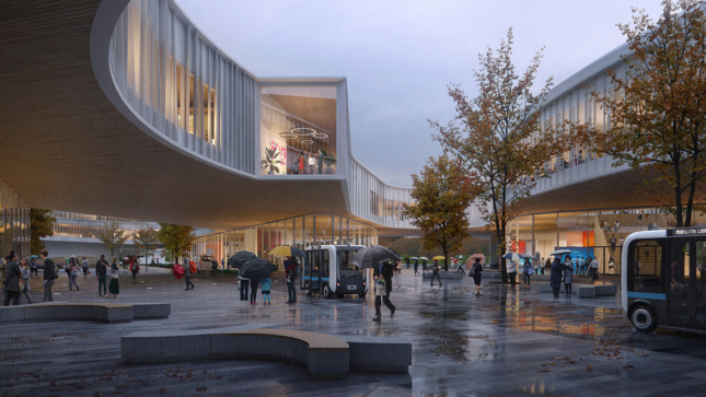 Rendering of rainy day on office campus with people walking next to automated cars