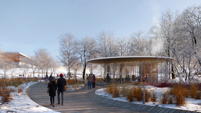 Outdoor rendering of people walking on path in snow next to glass-clad pavilion 