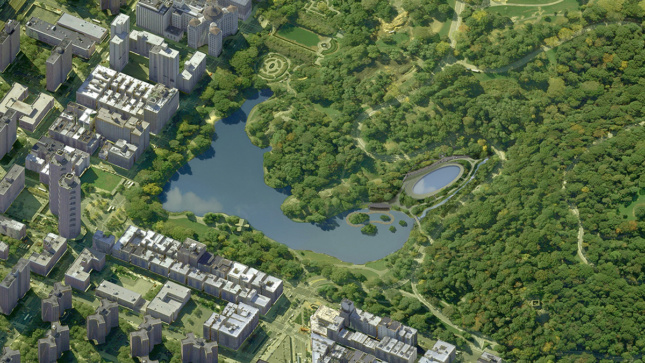 Aerial rendering of Harlem Meer surrounding by woods