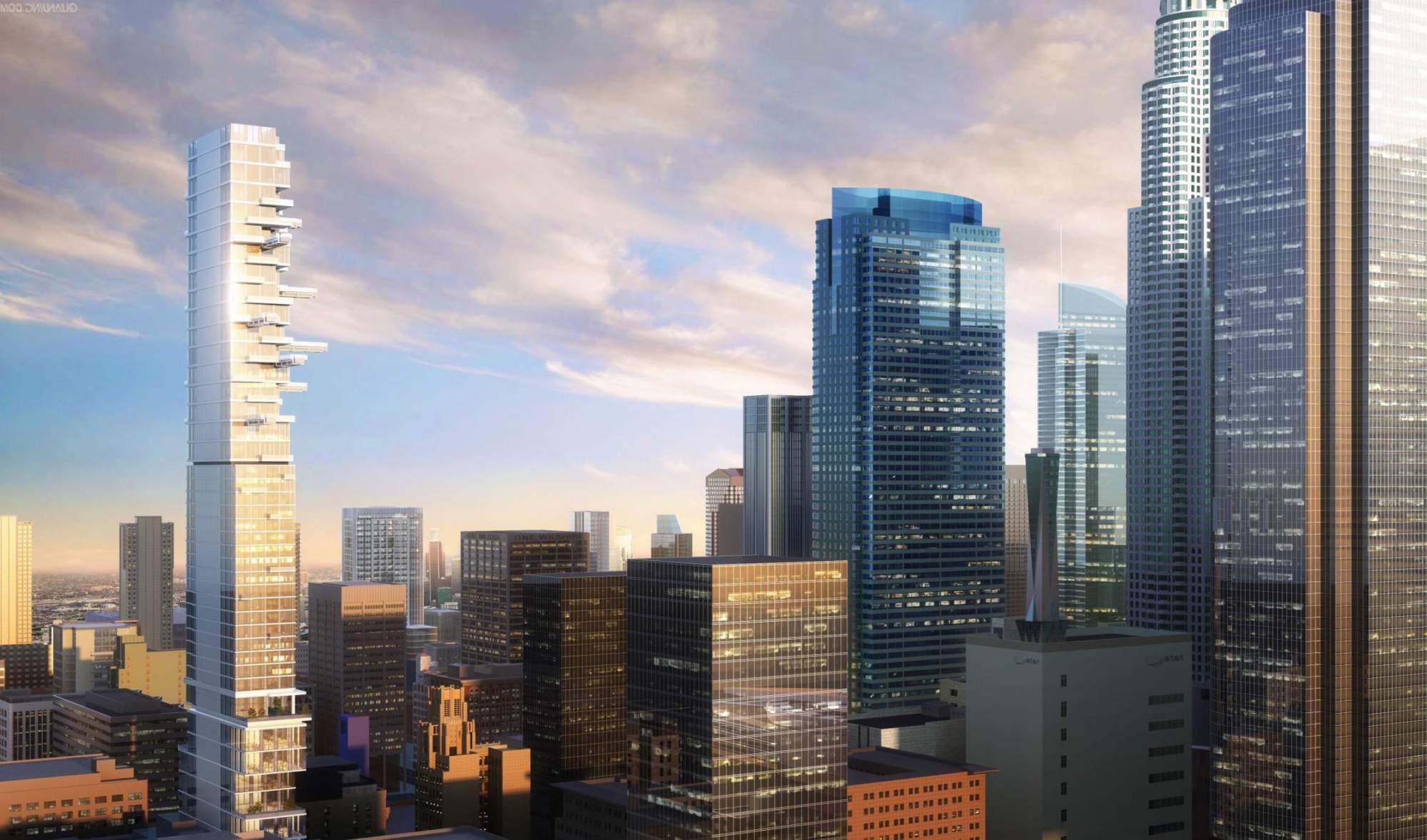 Rendering of the new tower at 5th and Hill, a glassy cantilevering box