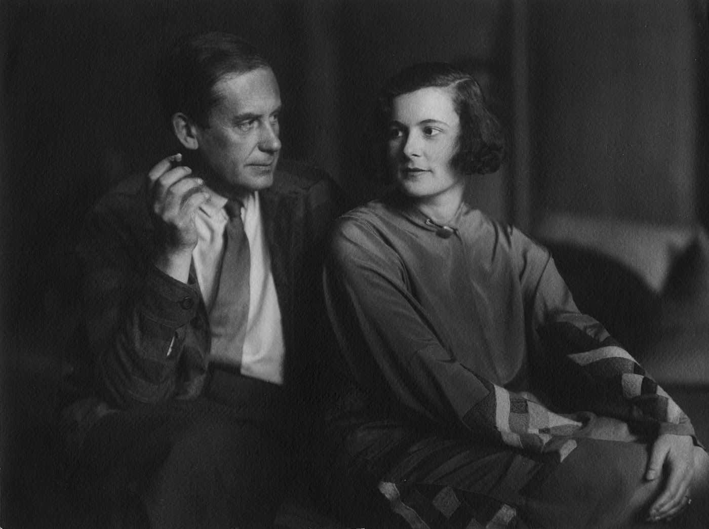Photo of a man and woman in black and white, Walter Gropius and wife