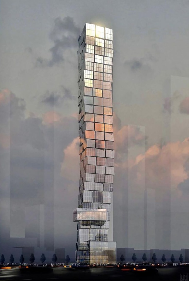 Rendering of a tall, long, glassy tower