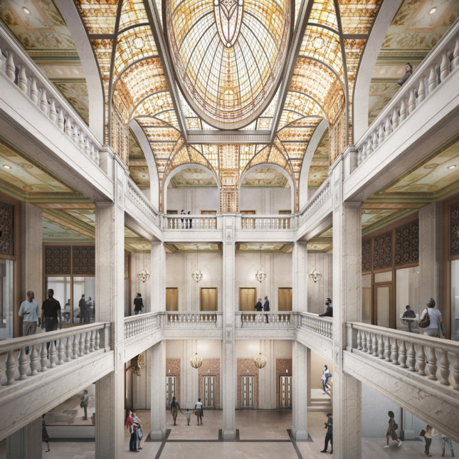 Rendering of an atrium with a high ceiling