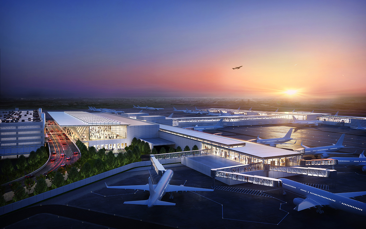 Aerial rendering of the Kansas City airport at sunset