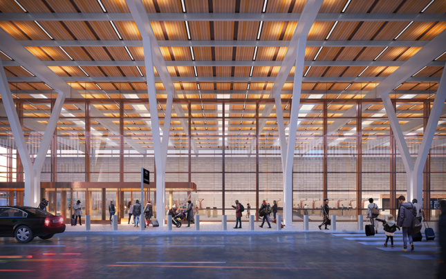 Exterior rendering of glass-walled entrance to airport check-in
