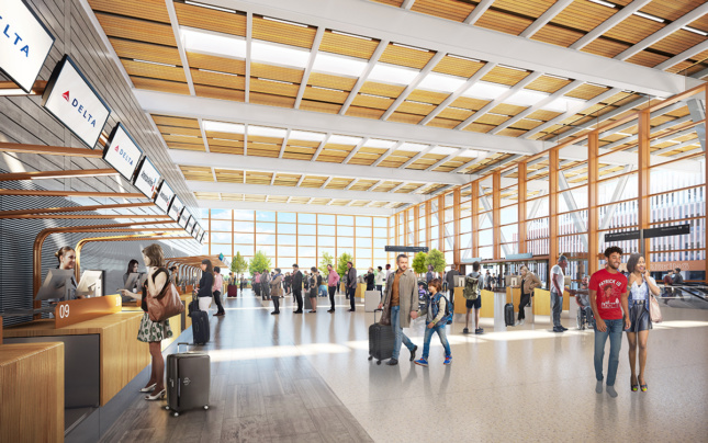 Interior rendering of people at airpor check-in area