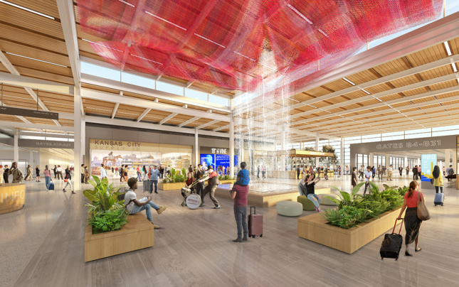 Interior rendering of retail space and rest area with planters, seating, and fountain inside the Kansas City airport