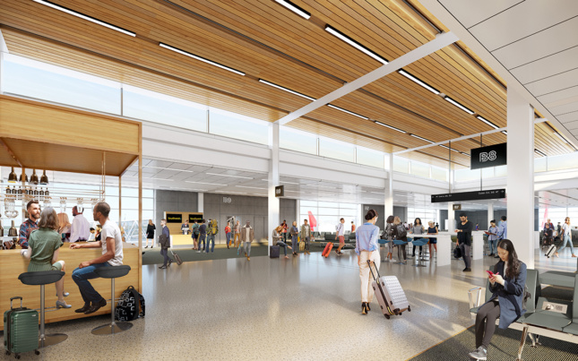 Interior rendering of people eating, waiting for flights, and walking to gates