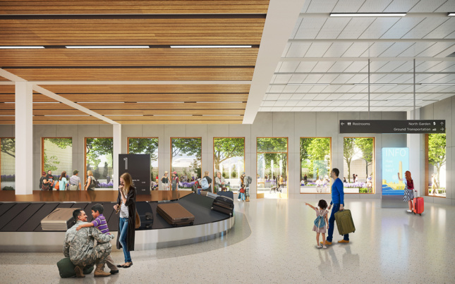 Interior rendering of baggage claim with windows showing trees outdoors