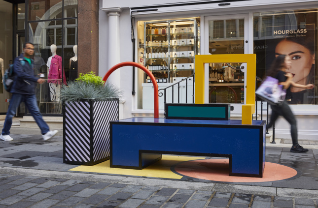 A flashy, primary color benching system on the street for the London Design Festival