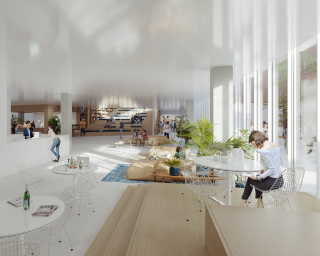 Rendering of an all-white communal space