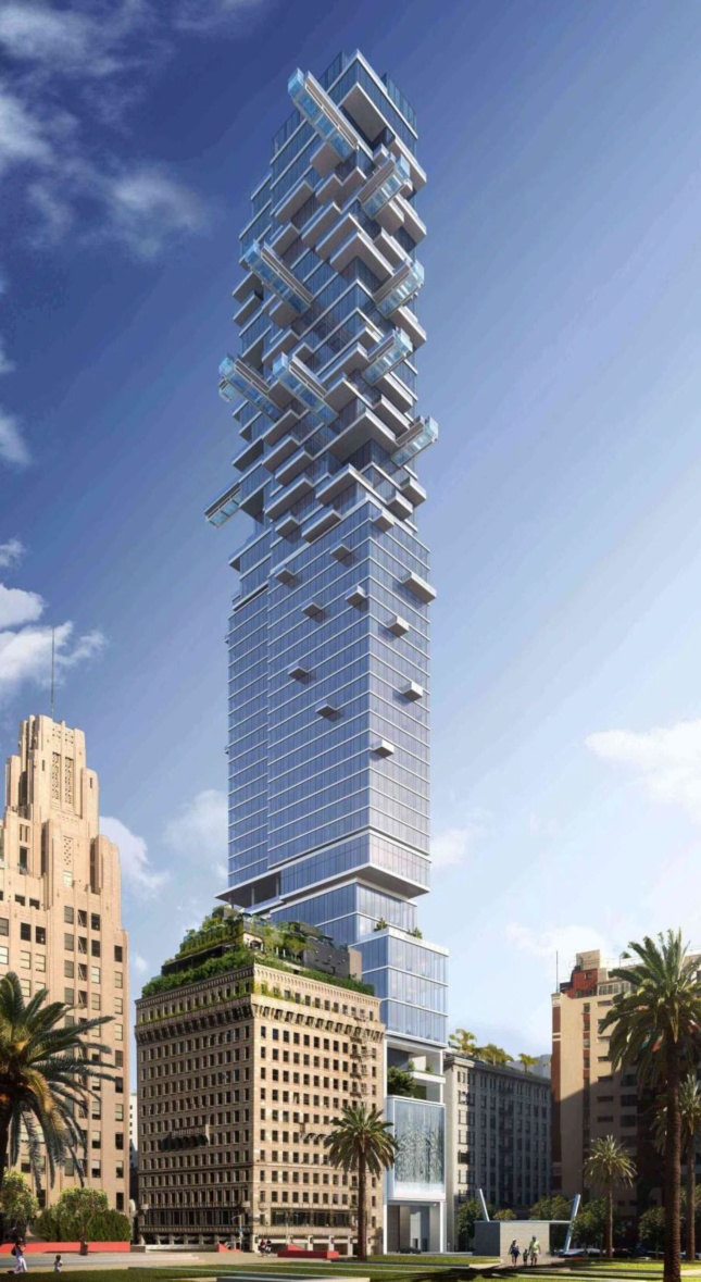 Rendering of a glassy tower that cantilevers at the top