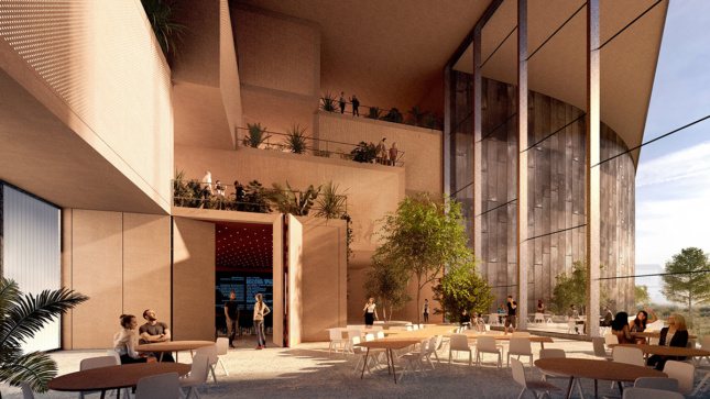 Interior rendering of lounge with trees and glass wall