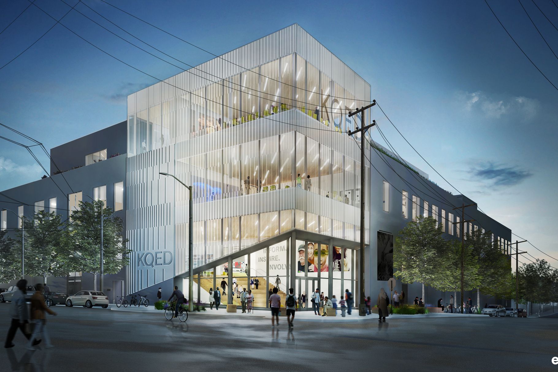 Rendering of a glassy building with KQED on top
