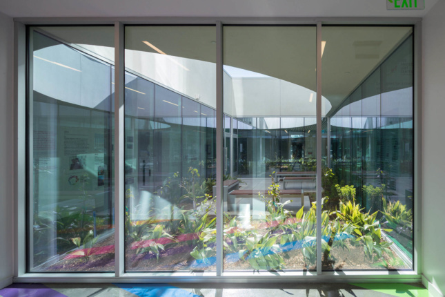 A glass-enclosed courtyard