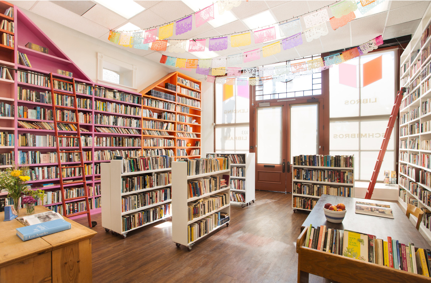 Interior of Libros Shmibros, a colorful book store
