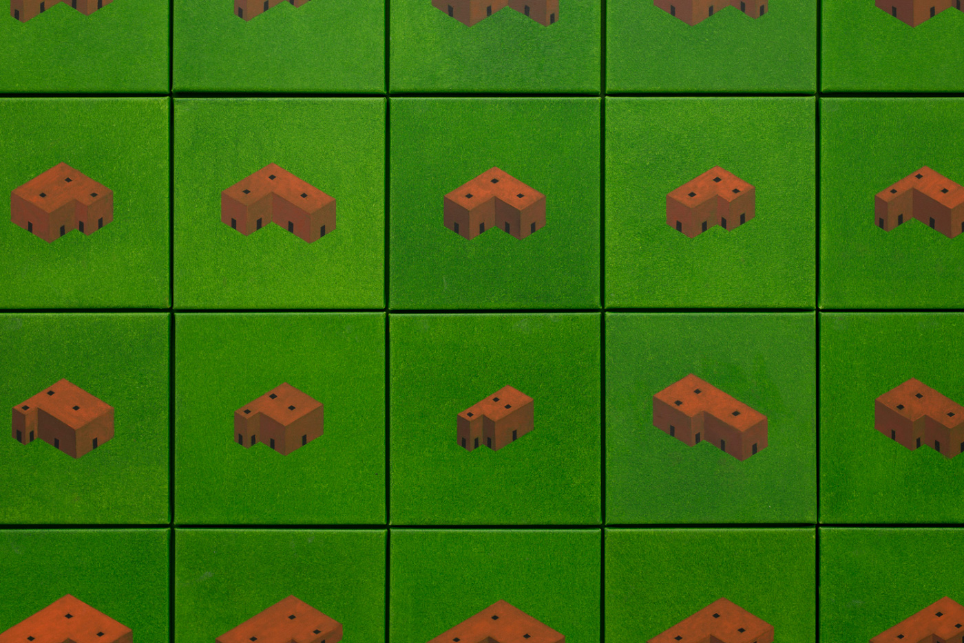 Diagram of repeating buildings on green squares, from Pezo von Ellrichshausen