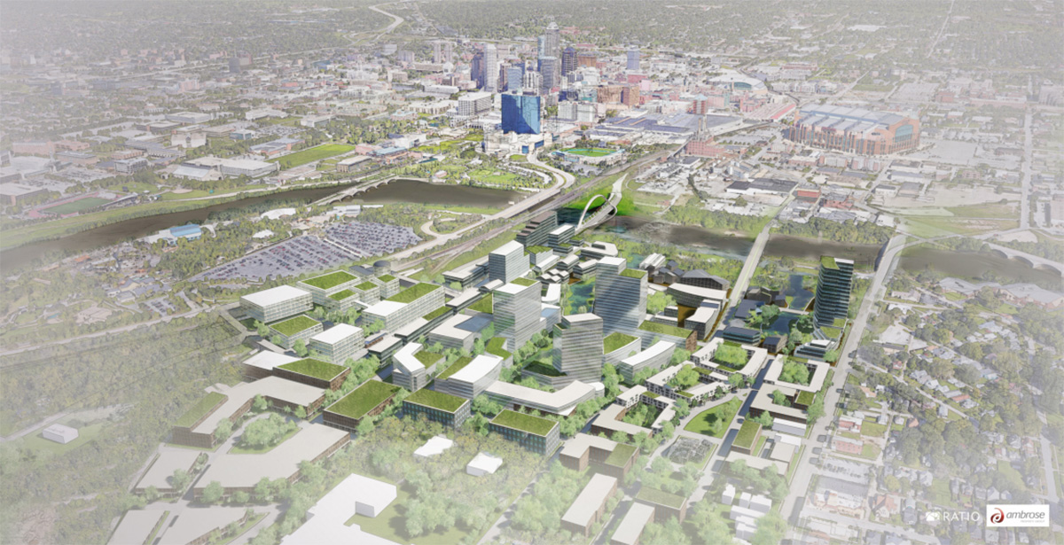 Aerial rendering of downtown Indianapolis development with lush greenery and mixed use buildings